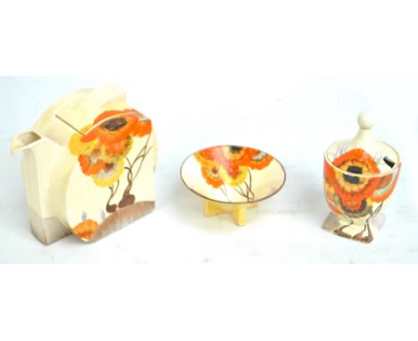 CLARICE CLIFF; a Stamford 'Rhodanthe' pattern teapot, a conical bowl and a sugar bowl and cover, all with printed marks, heig