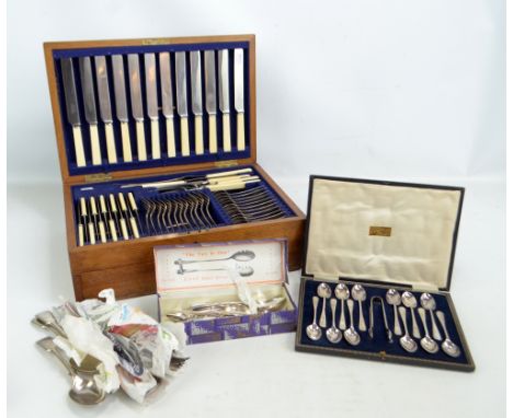 FRANK COBB & CO, SHEFFIELD; an oak cased canteen of twelve setting cutlery, knives and carving tools with ivory handles, also