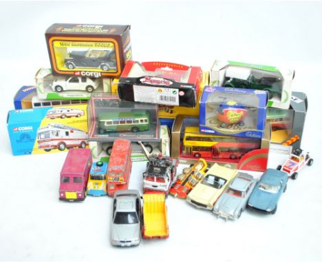 A group of boxed Corgi model vehicles including 21901 'St Helens Fire Brigade', 44502 'Duple Metsec Trident', 805 '1956 Merce