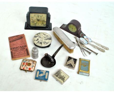 CHICAGO 1933; two mantel timepieces, a street guide, four compacts and a brush, also Buffalo 1901, a brush, miniature frying 