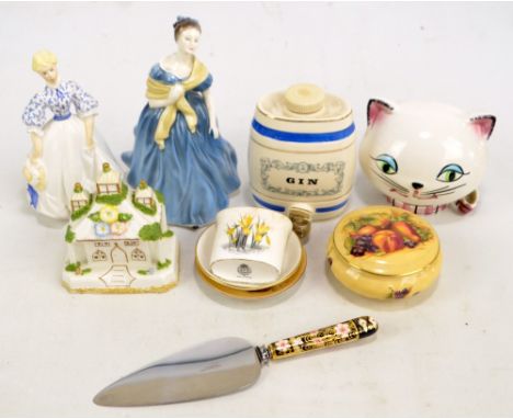 A group of ceramics including a Coalport 'Park Lodge' pastille burner, and a Royal Worcester figure 'Morning Walk'.