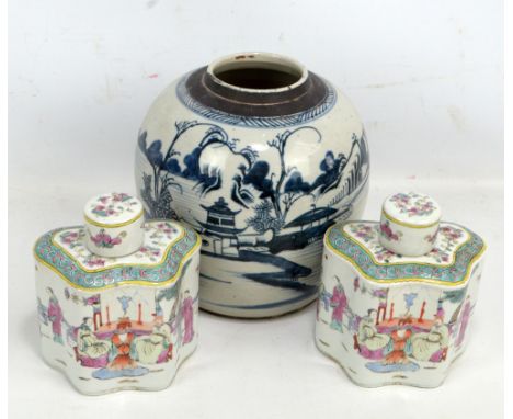 A pair of Chinese Republic Famille Rose tea caddies and covers with figural decoration, height 16cm, and a blue and white gin