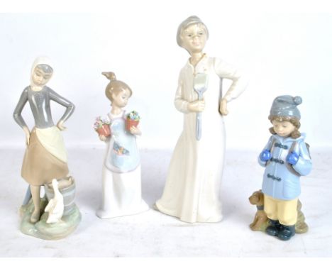 Two Lladro figures of a goose girl, height 24.5cm, and a girl holding pots of flowers, also two Nao figures (one af) (4).