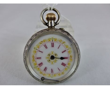 935 silver fob watch with enamel face. Minute hand detached