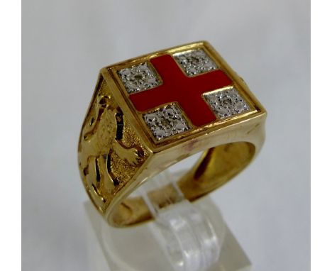 Gold plated silver & enamel England ring set with four diamonds. Size T.