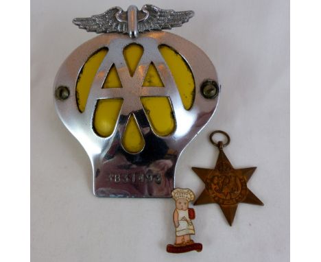 Vintage AA badge, 1939-45 star medal, Sonny Sunglow coronation lapel enamel badge