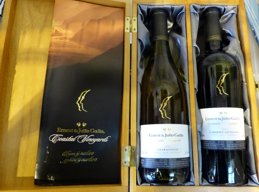 Two bottles of boxed wine Ernest and Julio Gallo 2003 Chardonnay and