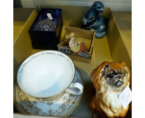 Carved Oriental figure, Royal Worcester cup and saucer, Beswick Pekinese dog and a Poole seal.