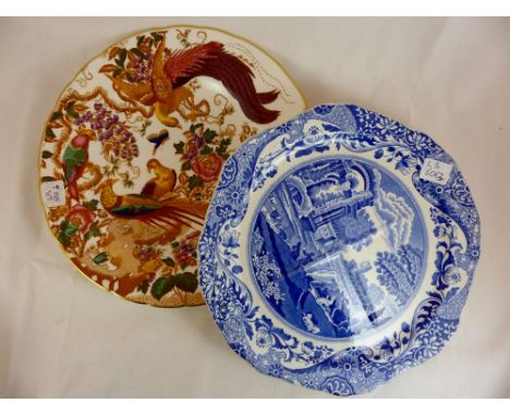 A Royal Crown Derby Olde Avebury plate and a blue and white Copeland Spode example. 