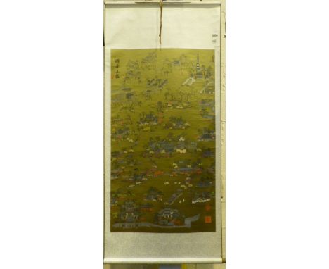20th century Chinese hanging silk scroll in original box. Scene depicts the Emperors summer palace and gardens. L:173cm