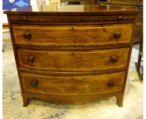 Cross banded mahogany set of three bow fronted drawers with slide W:102 H:93 D:60cm