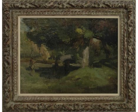 THOMAS BROMLEY BLACKLOCK (SCOTTISH 1863 - 1903),A RIVER WALK IN SUMMERoil on canvasimage size 34.5cm x 44.5cm, overall size 5