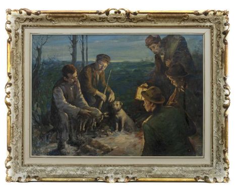 CONTINENTAL SCHOOL, FIGURES AND ANIMAL BY LAMP LIGHToil on canvas, indistinctly signed image size 50cm x 70cm, overall size 6