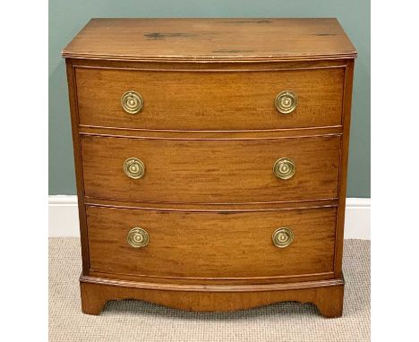 REPRODUCTION MAHOGANY BOW FRONTED CHEST - having three drawers with brass ring pull handles, on bracket feet, 85cms H, 80cms 