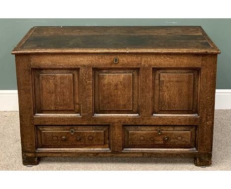 ANTIQUE OAK MUEL CHEST - with interior candle box and secret drawer compartment, peg joined construction having three chamfer