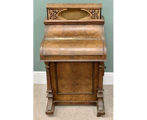 VICTORIAN BURR WALNUT DAVENPORT - with secret interior catch, pop up stationery holder having fancy interior fretwork panels,