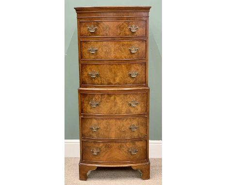 REPRODUCTION WALNUT CHEST ON CHEST - a narrow bow front example having six drawers, on bracket feet, 101cms H, 54cms W, 41cms