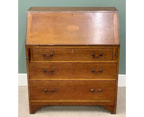 ANTIQUE MAHOGANY BUREAU - with boxwood stringing and Sheraton style inlay, sloped front over three drawers on bracket feet, 1