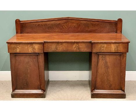 REGENCY MAHOGANY PEDESTAL INVERTED BREAKFRONT SIDEBOARD - minimalistic style with three drawers over two cupboard doors and r