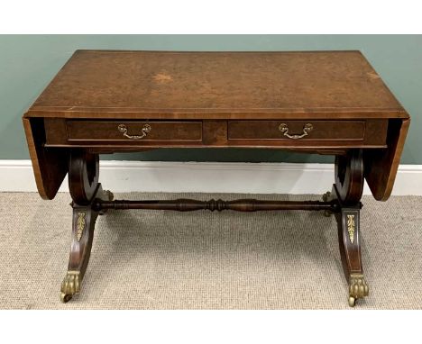 GOOD REPRODUCTION BURR WALNUT SOFA TABLE - with four opening drawers, brass decoration to the supports, lyre ends and brass c