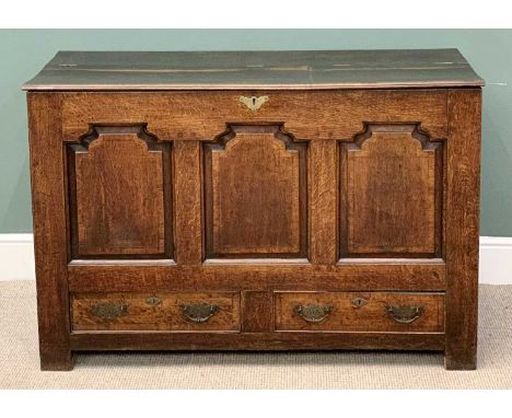 GEORGE IV OAK MULE CHEST - having three shaped and fielded panels over two drawers, lift-top lid, 84cms H, 130cms W, 53cms D