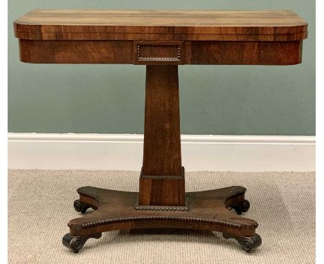 REGENCY ROSEWOOD FOLDOVER CARD TABLE - on a stepped square column and quatrefoil base, baize lined interior, 74cms H, 92cms W
