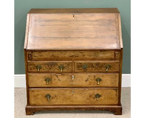 ANTIQUE CROSSBANDED WALNUT BUREAU - the fall front interior finely fitted with multiple drawers, tooled leather effect writin