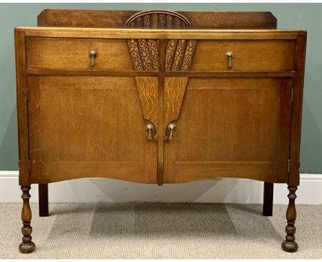 PLUS LOT 26 - ART DECO STYLE RAILBACK SIDEBOARD - polished oak with two drawers over two cupboard doors, on turned supports, 