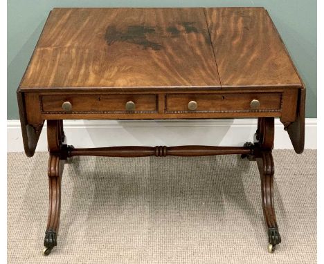 REGENCY MAHOGANY SOFA TABLE - a fine example with two drawers and opposing blind drawers, lyre end supports, claw feet and ca