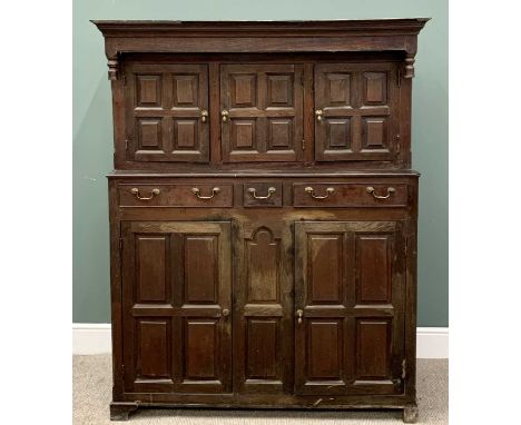 EARLY 19TH CENTURY OAK WELSH DEUDDARN - the upper section having three cupboard doors, each having four chamfered panels, the