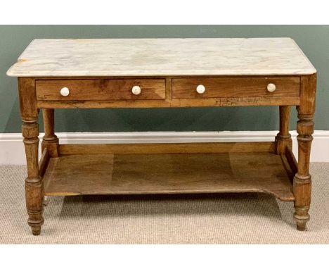 MARBLE TOPPED VINTAGE PINE BED CHAMBER WASHSTAND - having two frieze drawers with base shelf on turned and block supports,71c