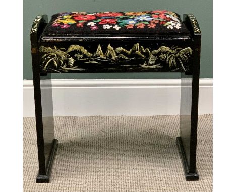 PLUS LOT 50 - EBONISED AND PAINTED PIANO STOOL - with tapestry seat, 54cms H, 56cms W, 34cms D