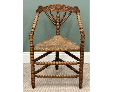 ANTIQUE OAK-TURNER'S CHAIR - carved bobbin detail with triangular rush seat, 86cms H, 58cms W, 39cms D