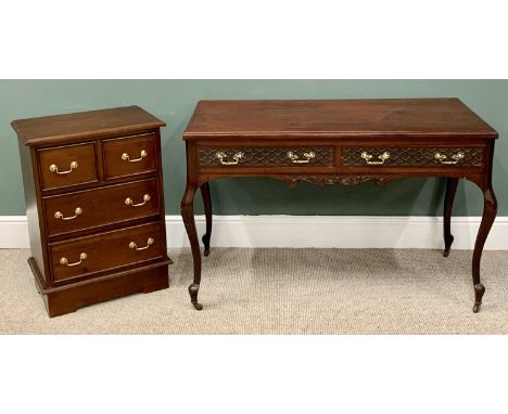 REPRODUCTION MAHOGANY DESK - having blind fretwork to the two frieze drawers on cabriole supports, 77cms H, 119cms W, 57cms D