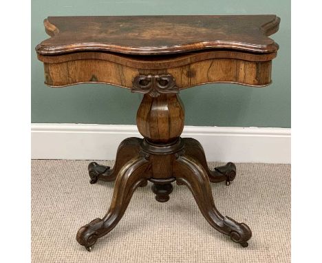 ANTIQUE ROSEWOOD FOLDOVER CARD TABLE - with serpentine shape top, bulbous segmented column on four splayed legs with knurled 