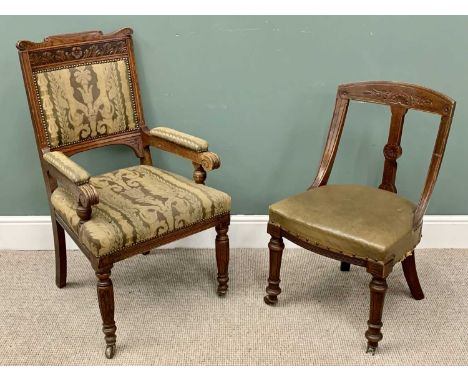 VINTAGE CHAIRS - Edwardian walnut elbow chair with upholstered seat and back, on turned supports, 103cms H, 59cms W, 52cms D 