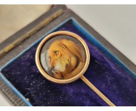 Antique gold Victorian “Essex” stick pin depicting a portrait of a bloodhound and signed on the reverse“Essex 1862” in origin