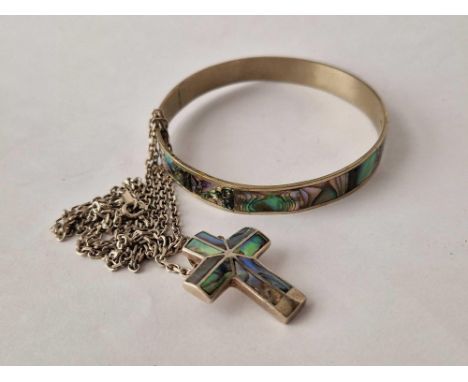 A silver abalone bangle and silver abalone cross pendant necklace