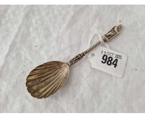 A Victorian apostle top caddy spoon with gilt shell bowl, London 1878 by JL