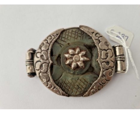 A antique Chinese silver and jade lotus disk large pendant