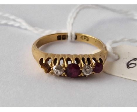 A ruby and diamond ring one stone out 18ct gold size L 3.3 gms