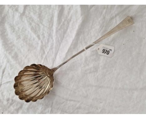 An early George III bottom struck soup ladle with shell bowl, possibly London 1760 by WS RC 155 g.