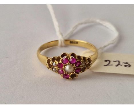 A antique pearl and ruby ring one stone out 18ct gold size S 2.7 gms