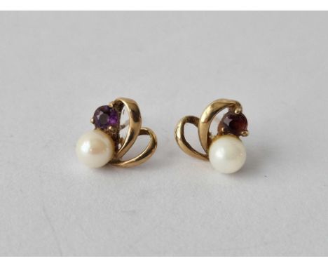 A pair of pearl and garnet set earrings 9ct 1.4 gms