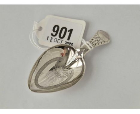 A George III good caddy spoon with heart shaped bowl and bright cut engraving, Birmingham 1807 by IT