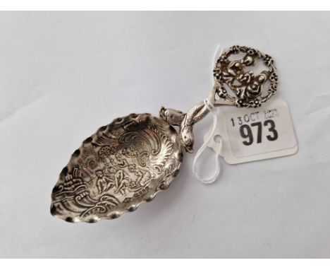 A Dutch caddy spoon with fish decorated stem, London 1904 with import mark