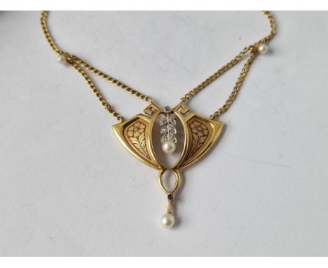 A ART NOUVEAU PEARL DIAMOND AND ENAMEL PENDANT NECKLACE BOXED 16 INCH 18CT GOLD