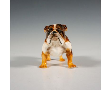 Hand painted standing bulldog with light and dark brindle coloration wearing a black collar with gold studs. Gloss finish. Ro