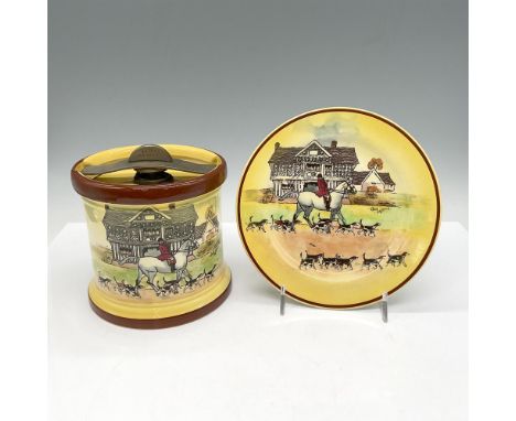 Set includes biscuit jar with lid and small plate. Both designed with scene of Huntsman coming through a gate. Royal Doulton 