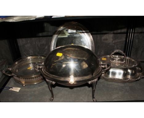 A food warmer and an oval mirror, an entree dish and cover, etc